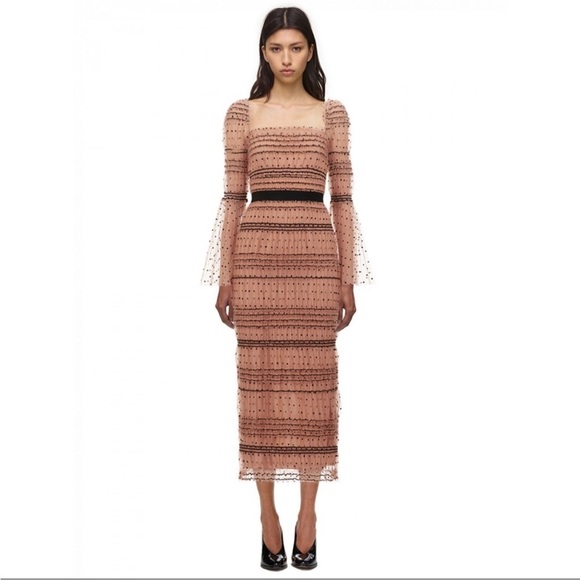 NWT SELF-PORTRAIT peach pink nude shirred mesh tulle polka dot